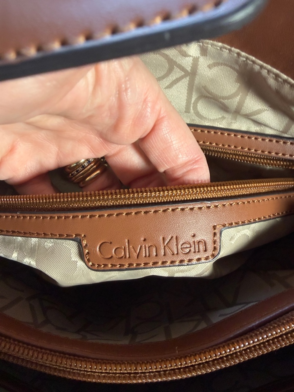 Calvin Klein Brown Floral Canvas Tote with Aqua and Light Blue Accents 13x9 - Picture 9 of 12